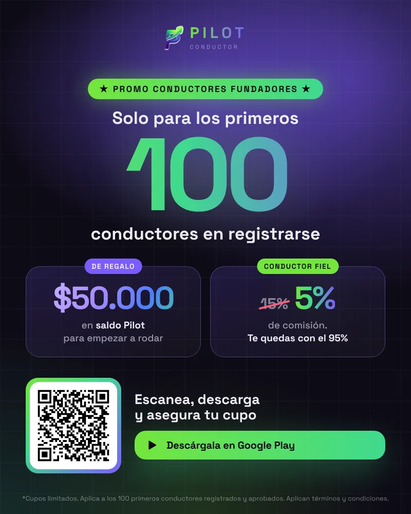 Pilot Conductor: promo conductores fundadores. Solo para los primeros 100 conductores en registrarse: $50.000 de regalo en saldo Pilot para empezar a rodar y 5 % de comisión en vez de 15 %, te quedas con el 95 %. Escanea el código, descarga la app en Google Play y asegura tu cupo. Cupos limitados; aplican términos y condiciones.