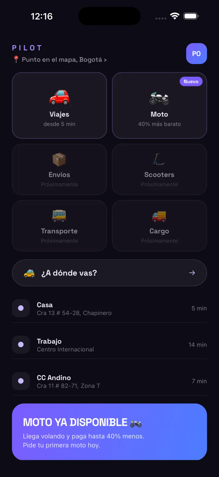 App Pilot — pantalla de inicio con servicios